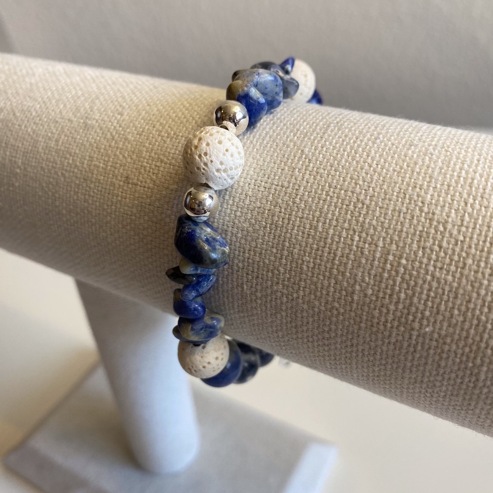 Hand Crafted Sodalite & Lava Stone Bracelet Silver